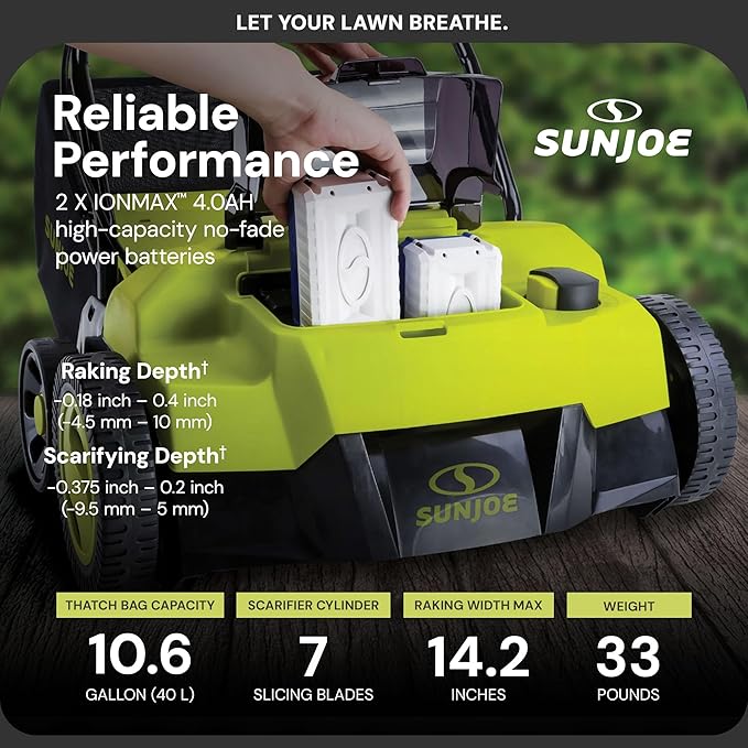 Sun Joe 24V-X2-DTS15 Scarifier and Dethatcher Kit, 5-Depth Positions, 15-inch, Brushless Motor, w/ 2 x 24-V 4.0-Ah Batteries and Dual Port Charger