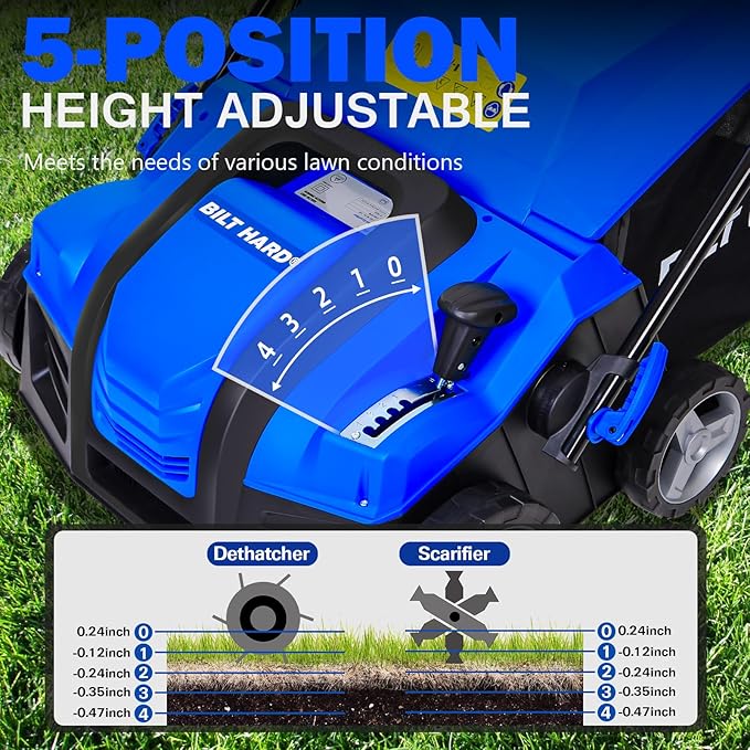 BILT HARD 16 Inch Dethatcher Scarifier Electric Powered, 15 Amp Copper Motor, 5-Position Depth Adjustment, 14.5 gal Thatch Bag, 2 in 1 Walk Behind Thatch Removing Machine for Lawn