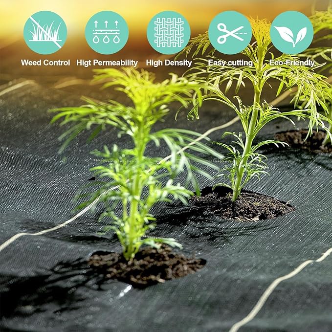 Weed Barrier Landscape Fabric 6 x 50 FT, Ground Cover Fabric Block, Gardening Fabric Mat, Black Heavy Duty Garden Cloth Felt with 20 U-Shaped Pegs for Flower Bed, Patio, Orchard,3.2oz/sq.yd