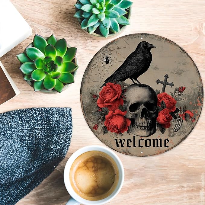 PEACHGARDEN Halloween Skull Crow Metal Tin Sign Vintage Gothic Skeleton Decor Spooky Welcome Door Plaque Retro Wall Art Iron Painting for Home Bar Pub 12x12inch