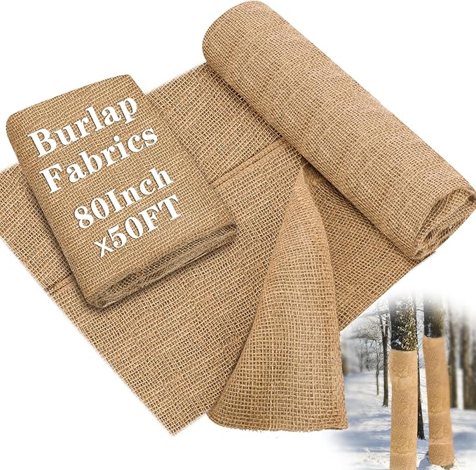 Buryeah 80 Inch x 50 ft Burlap Fabrics Roll Natural Jute Burlap Tree Wraps Protector Winter Frost Plant Blankets Cloth Weed Barrier Fabric Garden Plants for Winter Outdoor Trees Shrubs Party