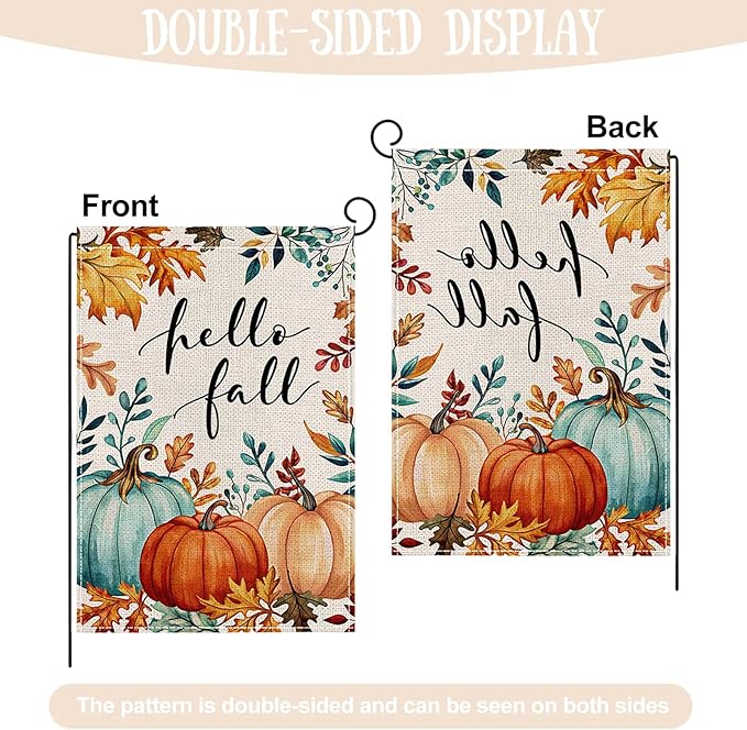 Fall Garden Flag 12 x 18 Inch Double Sided Pumpkin Maple Leaves Designs Autumn Burlap Yard Flag for Outside Rustic Yard Outdoor Holiday Home Decoration