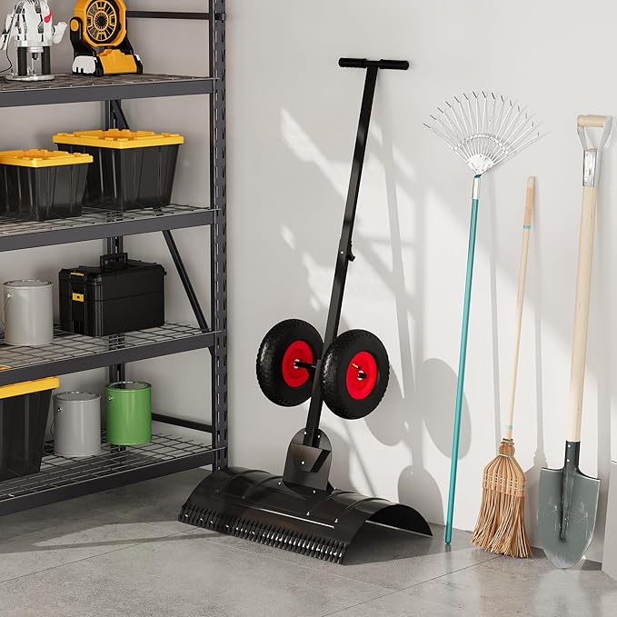 15" H X 30" W Metal Snow Pusher with Wheels, Adjustable Angle & Height Handle for Effortless Snow Removal | Ergonomic Double-Rod Design for Driveway & Sidewalk