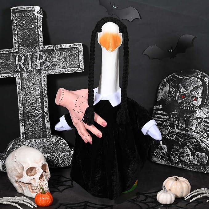 Teemico Halloween Porch Goose Outfits Lawn Goose Clothes Fits 23" Cement Plastic Goose Statue Black Dress Fake Hand Braid Wig for Halloween Outdoor Garden Yard Patio Decor