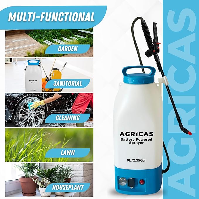 Battery Powered Sprayer 2.35 Gallon, Electric Garden Sprayer for Weed/Pest Control, 6 Nozzles, 50 PSI Pressure, Telescopic Wand, Shoulder Strap, Long-Lasting 12V Battery