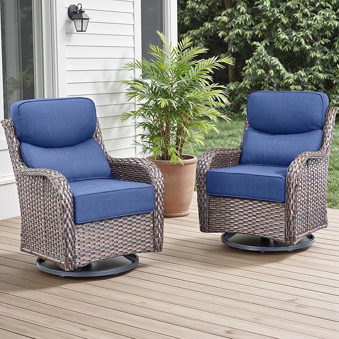 Outdoor Patio Swivel Rocker Chairs Set of 2, Waterproof Wicker, High Back, Deep Seating, Wide Armrest, Upgraded 6 inch Thick Cushions, Ideal for Deck Porch Backyard, Brown/Blue