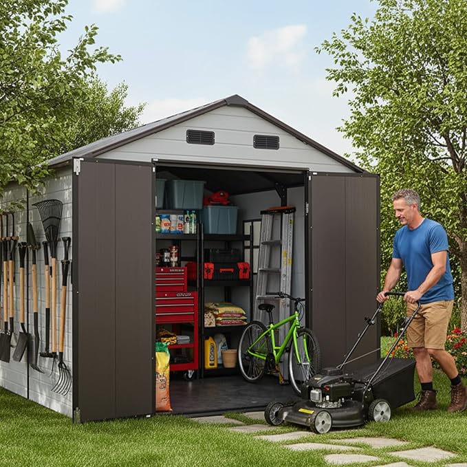 8x8 FT Resin Storage Sheds Outdoor with Floor Included, Plastic Sheds & Outdoor Storage Clearance with 2 Windows and Lockable Door, Backyard Storage Sheds for Garden Tools, Bike, Brown+White