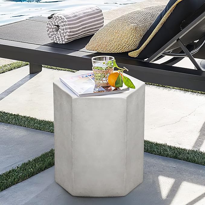 COSIEST Concrete Accent Table, Hexagon Patio Side Table 14.5''Wx16''H, Modular Design Indoor Outdoor End Table, Light Grey