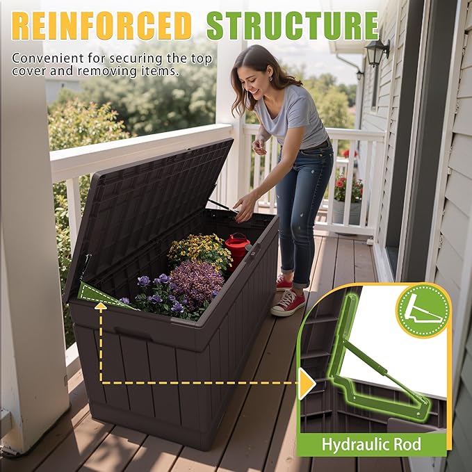 Greesum 82 Gallon Resin Deck Box Large Outdoor Storage for Patio Furniture, Garden Tools, Pool Supplies, Weatherproof and UV Resistant, Lockable, Dark Brown
