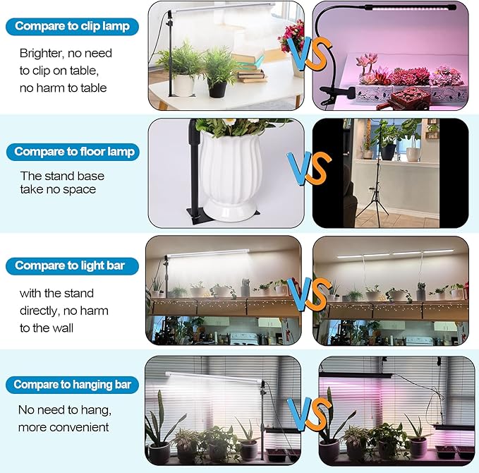 JCBritw Standing LED Grow Light，Adjustable 2ft T8 Bar Plant Light, White 4500K Full Spectrum Plant Grow Lamp on Stand for Indoor Plants Seed Starting, Seedlings, Veg, Flower