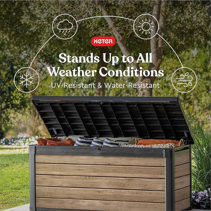 Keter Signature Collection 150 Gallon Resin Deck Box Organization and Storage Box for Patio Outdoor Cushions, Throw Pillows, Garden Tools and Pool Supplies, Ashwood