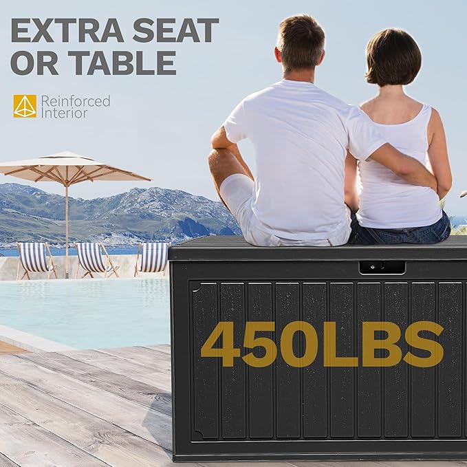 DWVO 90 Gallon Resin Outdoor Storage Box, XXL Double-Wall Waterproof Deck Box, Doubles as Table or Seating with 450 lbs Capacity, Lockable (Black)