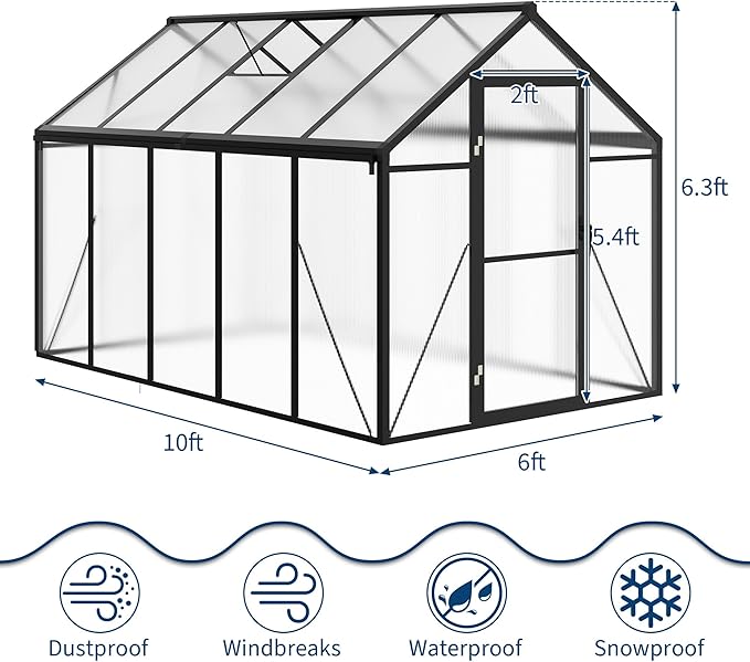 6x10 FT Greenhouse for Outdoors, Polycarbonate Flower Greenhouse with Roof Vent, Push-Pull Lockable Door, Aluminum Walk-in Greenhouses for Outside Garden Backyard, Patio, Lawn, Black