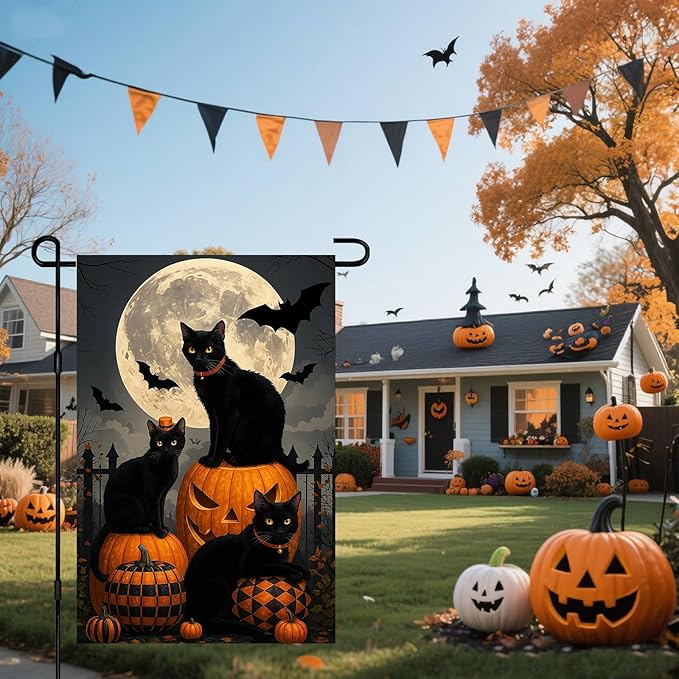 IVN Spooky Halloween Garden Flag 12x18 Inch Double Sided Black Cat Witch Pumpkin Jack O’ Lantern Gothic Outdoor Fall Yard Flag for Outside Home Front Door Lawn Porch Patio Welcome Decor