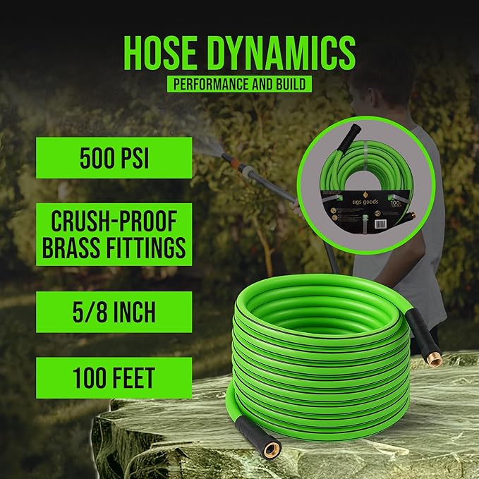 100ft Garden Hose – 5/8 in Lightweight PVC, Flexible, UV-Resistant, Kink-Resistant, 500 PSI Burst Strength, Brass Fittings, Weatherproof Hose for Lawn, Garden, Car Wash, Outdoor Use