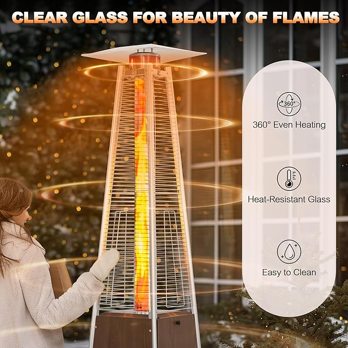 Nuu Garden 48,000 BTU Pyramid Propane Heater Outdoor Patio Heaters with Wheels, Patio Heater with Glass Tube Deck Porch for Outdoor Use Camping Backyard, Stainless Steel Burner, Wood-Grain Finish
