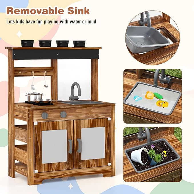 HONEY JOY Mud Kitchen, Cedar Wood Outdoor Play Kitchen for Toddlers, Acrylic Board, Removable Sink, 4 Planting Cups, Kitchen Accessories, Garden Time Mud Kitchen for Kids Outdoor Backyard