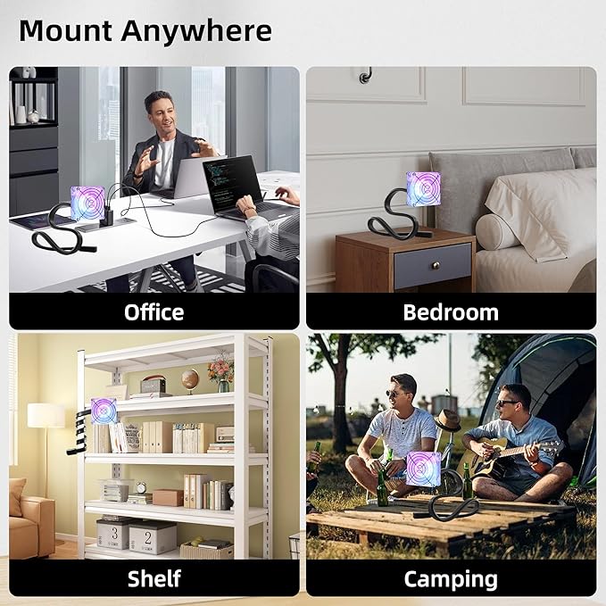 3.15" 80mm Adjustable Gooseneck Mini Fan Low Noise 5V USB Vent Cooling Fan with LED Light for Small Plants Electronics Mic Arm Compact Ventilation