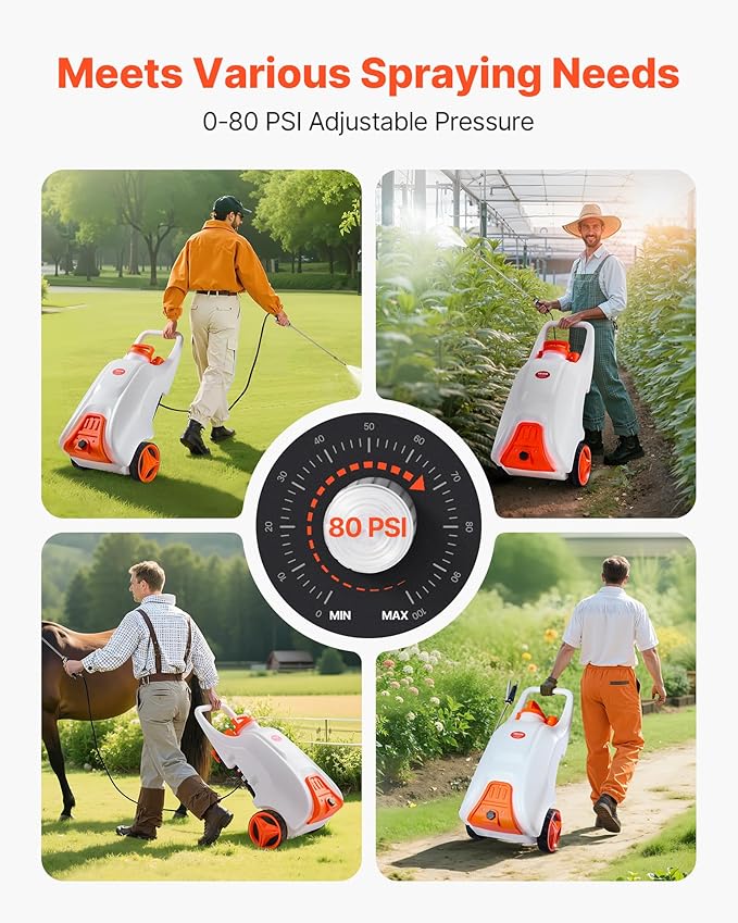 VEVOR 13.1 Gallon Battery Powered Sprayer with Wheels, Adjustable 0-80 PSI, 5 Nozzles and 98ft Hose Included, Orange
