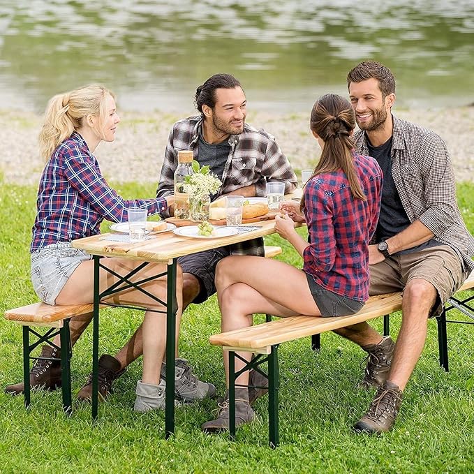 NAFORT 6FT Picnic Table Set, 3-Piece Folding Beer Table & Bench, Portable Wooden Picnic Tables for Outdoors Dining Table Set w/Metal Frame for Patio Garden