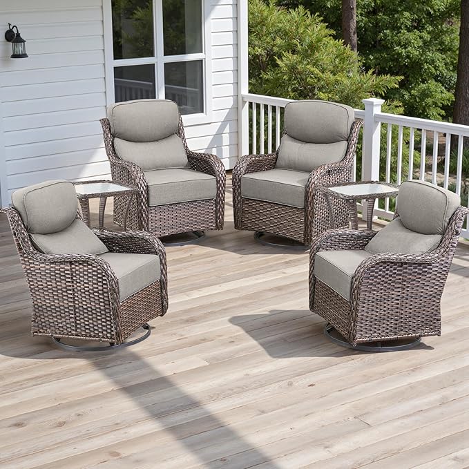 6 Piece Outdoor Patio Swivel Rocker Chairs, Waterproof Wicker, High Back, Deep Seating, Wide Armrest, Upgraded 6 inch Thick Cushions, Side Table, Ideal for Deck Porch Yard, Brown/Beige