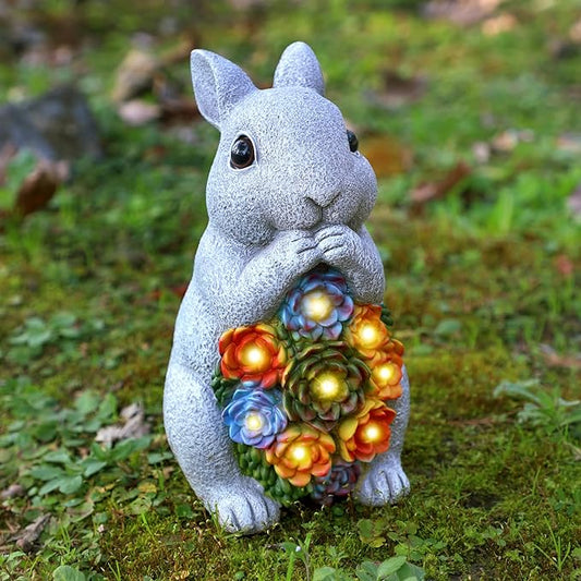 FORUP Easter Solar Garden Outdoor Statues, Bunny Statue with Succulent, Resin Figurine Garden Lawn Ornaments with 8 LED Lights, Rabbit Statue for Easter Outdoor Lawn Yard Garden Decorations