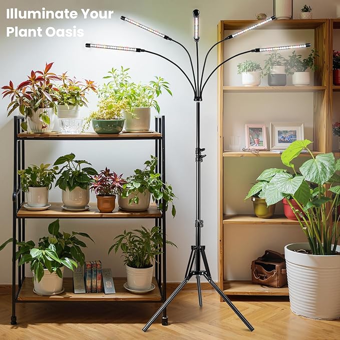 Garpsen Grow Lights for Indoor Plants, 5 Heads Full Spectrum Grow Light with Adjustable Tripod Stand, 100PCS LEDs Plant Light for Indoor Plants with 6/12/16H Timer and 3 Light Modes
