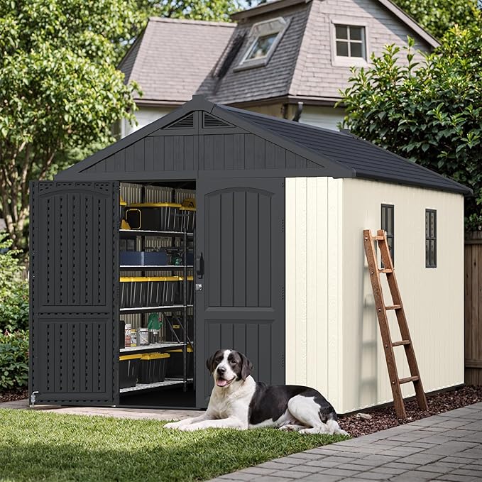 Devoko Plastic Storage Shed with Floor, 8 x 12 FT Outdoor Resin Tool Shed with Lockable Door & Sloping Roof, Patio Kick-it Shed for Garden, Backyard, Lawn, Beige
