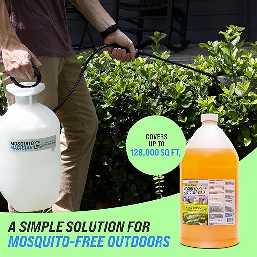 Mosquito Magician 1 Gallon Liquid Concentrate with a 2 Gallon Pump Up Sprayer - User-Friendly - Ideal for Yards, Lawns, Patios - Kills Mosquitoes, Fleas, Fire Ants - Includes 6 Natural Essential Oils