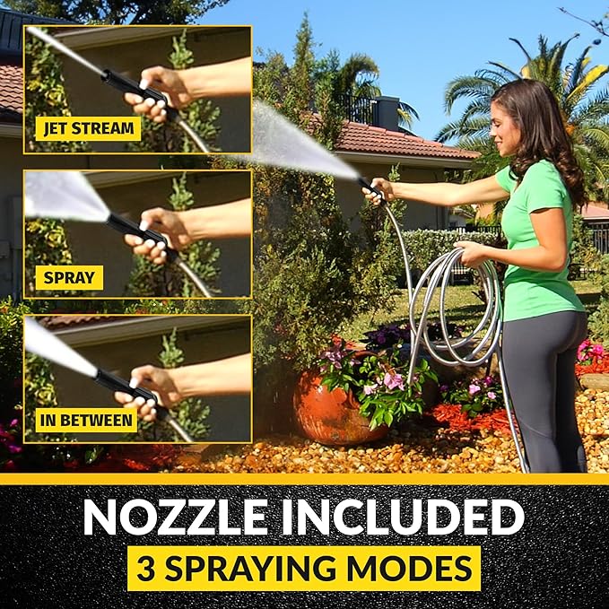 Bionic Steel 25 Ft Metal Garden Hose with Nozzle, 25Ft x 5/8 In. Premium 304 Stainless Steel Metal Water Hose, Flexible Non Kinking, Lightweight, Heavy Duty, for Yard, Outdoor