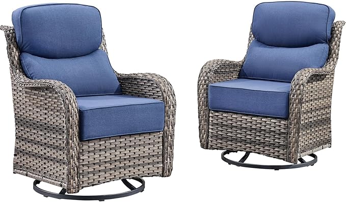 Outdoor Patio Swivel Rocker Chairs Set of 2, Waterproof Wicker, High Back, Deep Seating, Wide Armrest, Upgraded 6 inch Thick Cushions, Ideal for Deck Porch Backyard, Mixed Grey/Blue