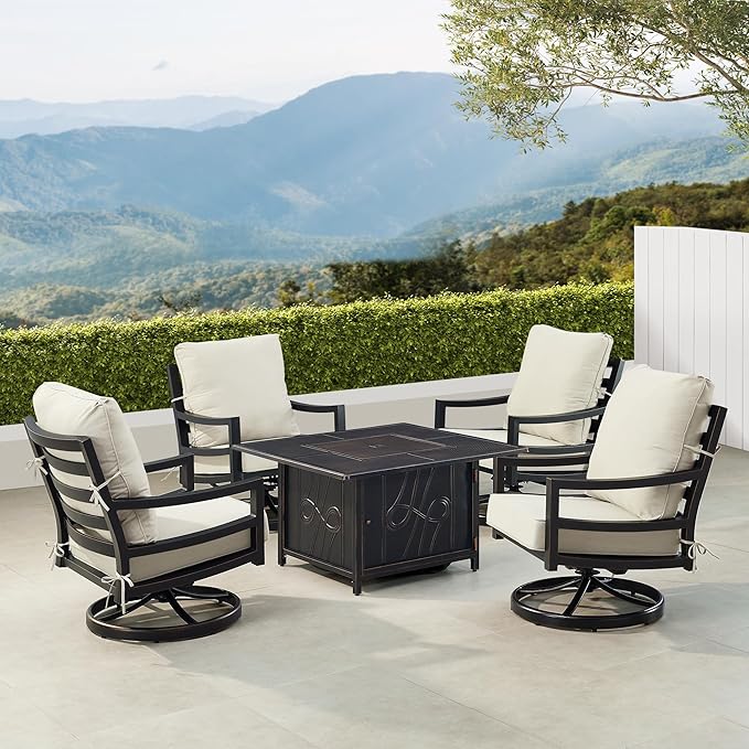 Oakland Living Black Aluminum Patio Fire Table Set with Four Club Chairs with Light Grey Cushions