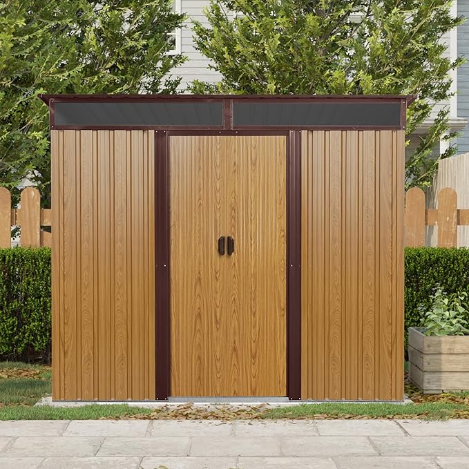 8x6 FT Outdoor Metal Storage Shed with Window, Lockable Sliding Doors and Transparent Plate - Patio Shed for Backyard, Garden, Lawn (Coffee)