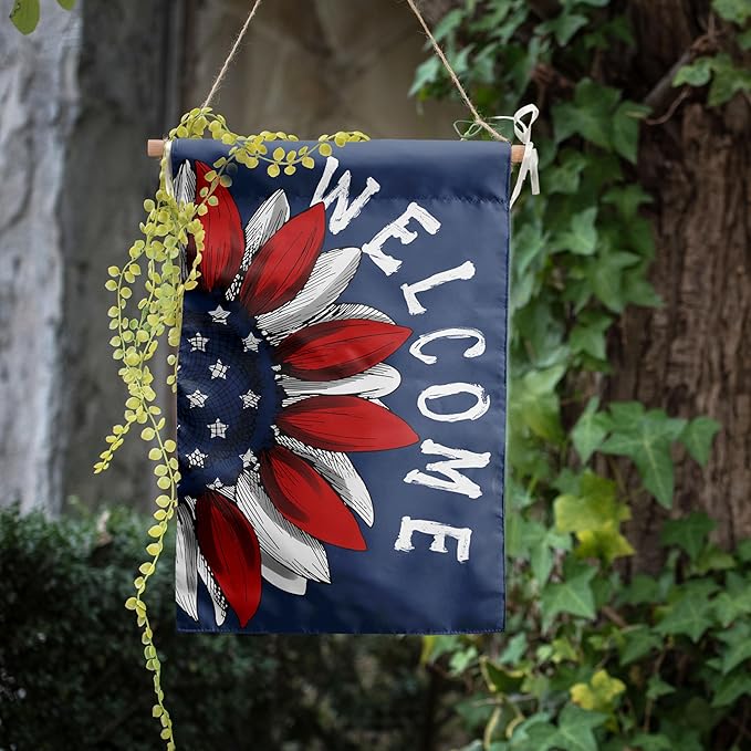 4th of July Sunflower Garden Flag Red White Blue Floral Yard Flags Small Memorial Independence Day Banner 12x18 Double Sided for Outside Outdoor Patriotic Decor