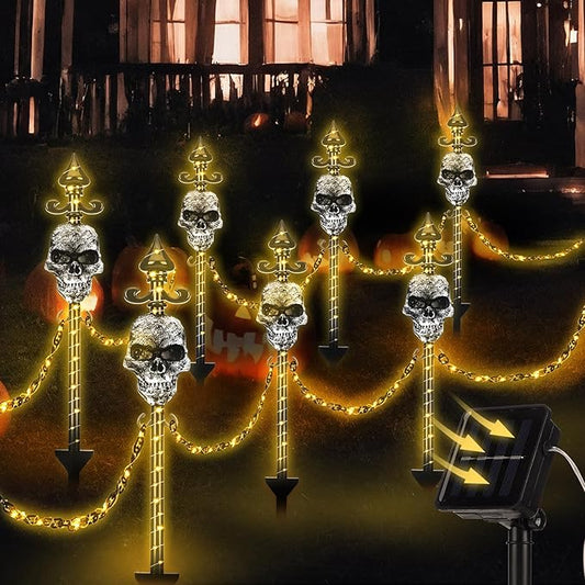 13 Set of Halloween Skull Garden Fence with Solar Light Graveyard Decor Light up Halloween Skull Lawn Stakes Pathway Decor with Connecting Chain for Outdoor Holiday Yard Decoration