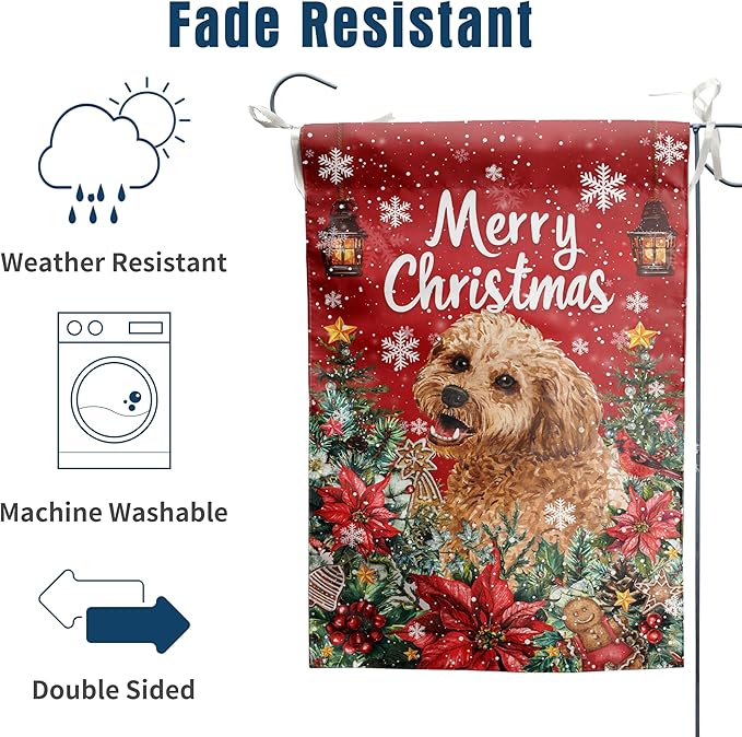 Christmas Golden Doodle Garden Flag Merry Christmas Dog Yard Flag for Outside Xmas Flags 12x18 Double Sided Red Poinsettia Garden Flags Winter Porch Decorations Outdoor