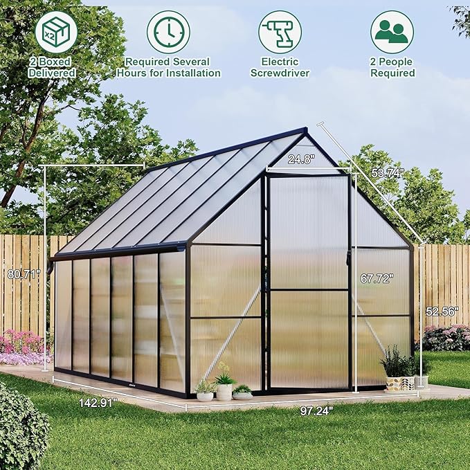 Greenhouse 8x12 FT Aluminum-Framed Heavy Duty Polycarbonate with Quick Setup Structure and Roof Vent, Large Enhanced Outdoors Green House Kit