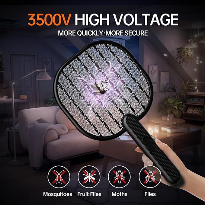 Electric Fly Swatter Bug Zapper Racket, 3500V Mosquito Killer with USB Rechargeable Flies Killer Pest Control Mosquito Zapper and Insect Catcher Racket for Indoor Home Backyard Patio Outdoor Camping