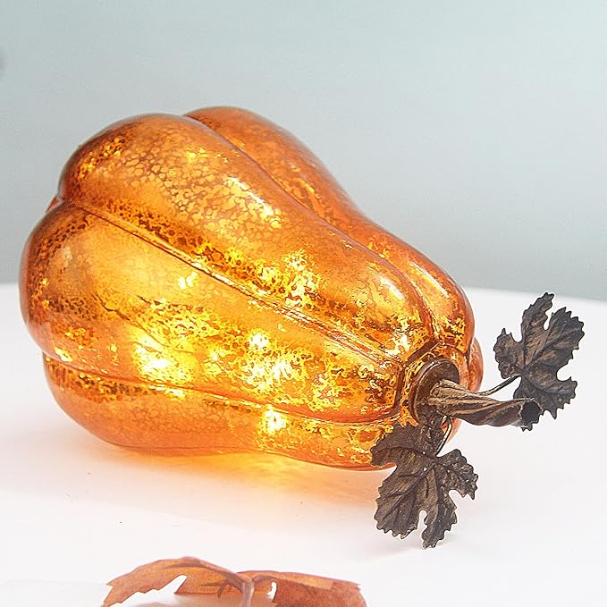 Mercury Glass Pumpkin Lights with Timer, Battery Operated Led Pumpkin Lights for Halloween Fall,Thanksgiving Rustic Decor (Gold Leafy, 11")
