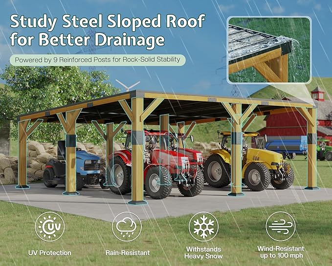 Jocisland 20x20x9.2 FT Cedar Wood Carport with Sloped Galvanized Steel Roof, Heavy Duty Outdoor Shelter for 2 Cars, Trucks, Boats & Tractors, Wind & Snow Resistant Pitch Roof Design
