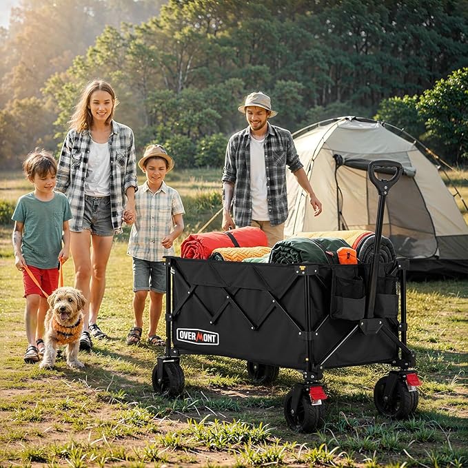 Overmont Ultra-Compact Collapsible Wagon Cart -200L Portable Folding Wagon with All-Terrain Wheels Utility for Beach, Grocery Shopping, Camping, and Gardening – 330lbs Load Capacity Black