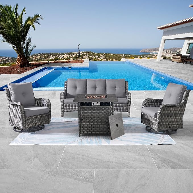 Patio Furniture 4 Piece, All-Weather PE Wicker Outdoor Furniture Set with CSA Certified 30in Propane Fire Pit Table,Outdoor Patio Furniture with Swivel Rocking Chairs