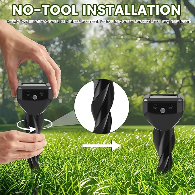 Solar Mole Repellent Stakes, Snake Repellent for Yard, Ultrasonic & Vibrating Deterrent Spikes Waterproof, Effective Get Rid of Vole Groundhog Gopher Skunk Snake Rabbit Chipmunk for Lawn Yard Garden