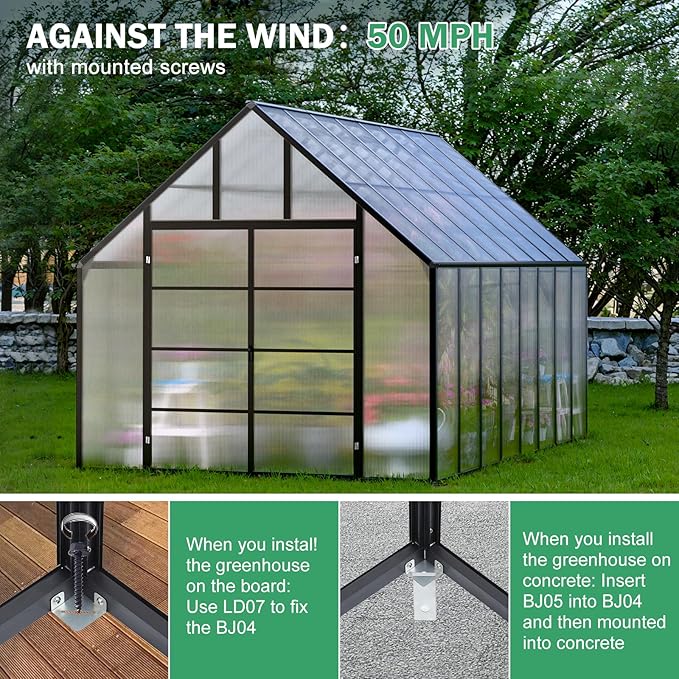 JULY'S SONG 10x16 FT Greenhouse for Outdoor, Large Easy Assembly Heavy Duty Polycarbonate Panels Aluminum Frame Walk-in Green House with 3 Windows Wider Door for Garden Plants Outside