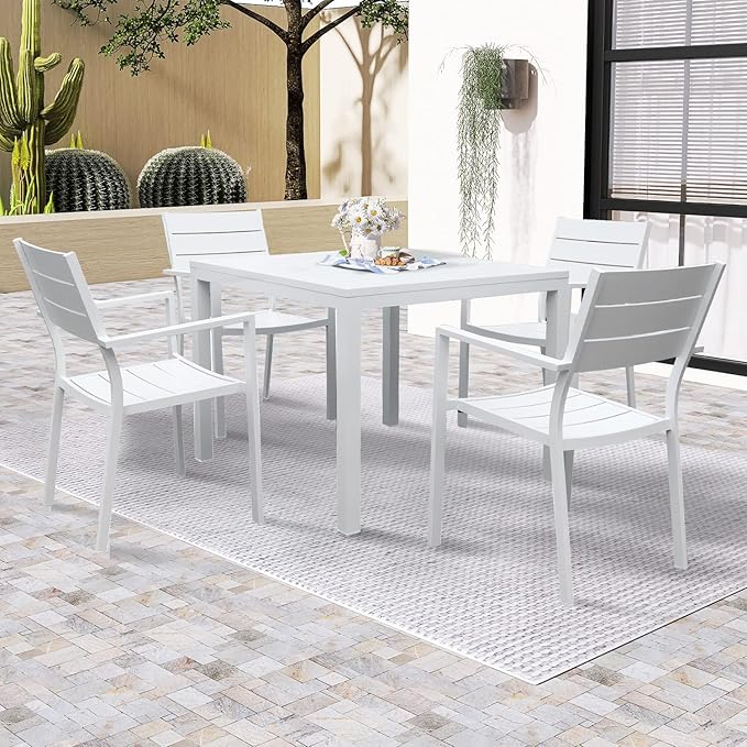 36 Inch Aluminum Outdoor Dining Table - Square Patio Table for 4-Person, Weather-Resistant Dining Table Furniture for Lawn Backyard Garden Deck Kitchen Indoor Outdoor Use (White)