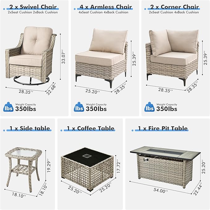 HOOOWOOO Outdoor Patio Furniture Set with Fire Pit Table,11 Pieces Wicker Out Door Sectional Furniture L Shaped Couch,Outside Patio Conversation Swivel Chair Sets,Beige