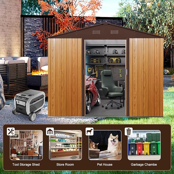 6x8 FT Outdoor Storage Shed, Metal Garden Shed with Frame Floor, Outside Tool Shed with Lockable Sliding Doors, Waterproof Storage Building with Sloped Roof for Backyard, Patio, Lawn, Coffee