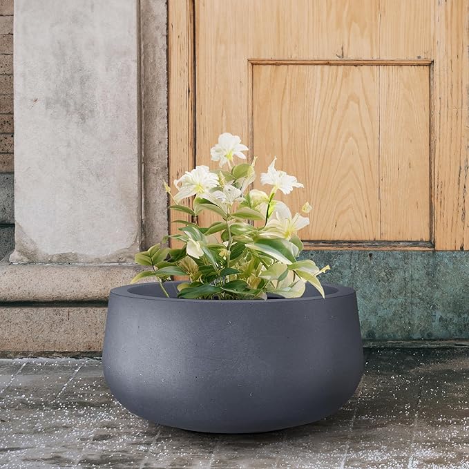 Kante 15.7" Dia Round Concrete Planter, Outdoor Indoor Garden Plant Pots with Drainage Hole and Rubber Plug, Modern Curvaceous Design, Charcoal