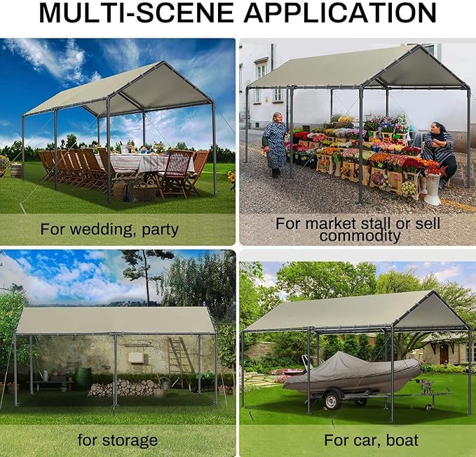 Grezone 10 x 20ft Heavy Duty Carport,Portable Car Tent Garage,All Season UV Resistant Car Canopy for Auto,Truck,Boat,Car (Beige)