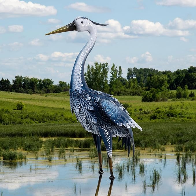 33 Inch Crane Statue for Garden Decorations, Metal Heron Yard Art, Outdoor Decor for Patio, Pond, and Backyard, Blue